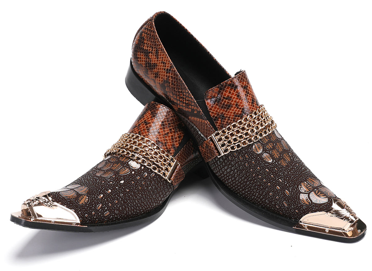 Mens Gold Chain Sparkling Party Disco Metallic Tip Western Loafers