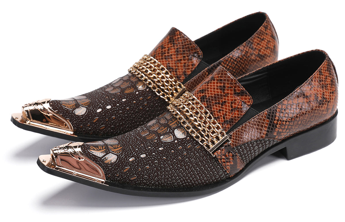 Mens Gold Chain Sparkling Party Disco Metallic Tip Western Loafers