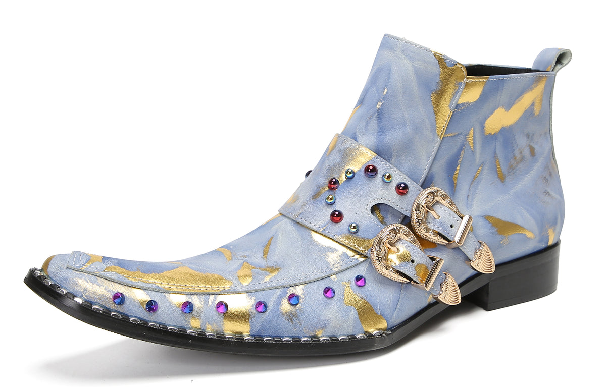Mens Double Buckle Fashion Casual Coloful Beads Ankle Boots