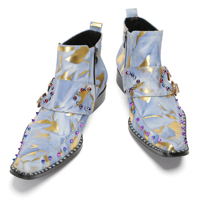 Mens Double Buckle Fashion Casual Coloful Beads Ankle Boots