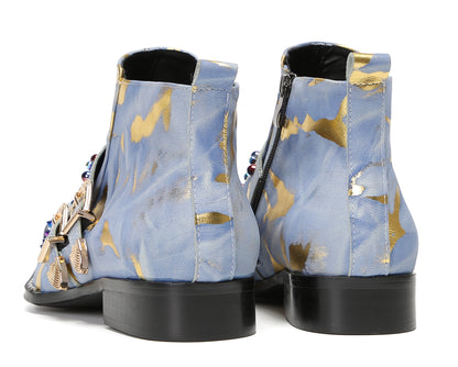 Mens Double Buckle Fashion Casual Coloful Beads Ankle Boots