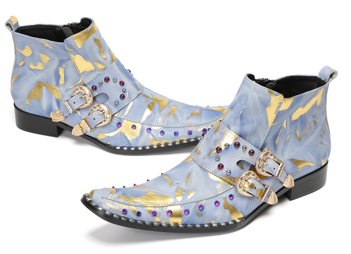 Mens Double Buckle Fashion Casual Coloful Beads Ankle Boots