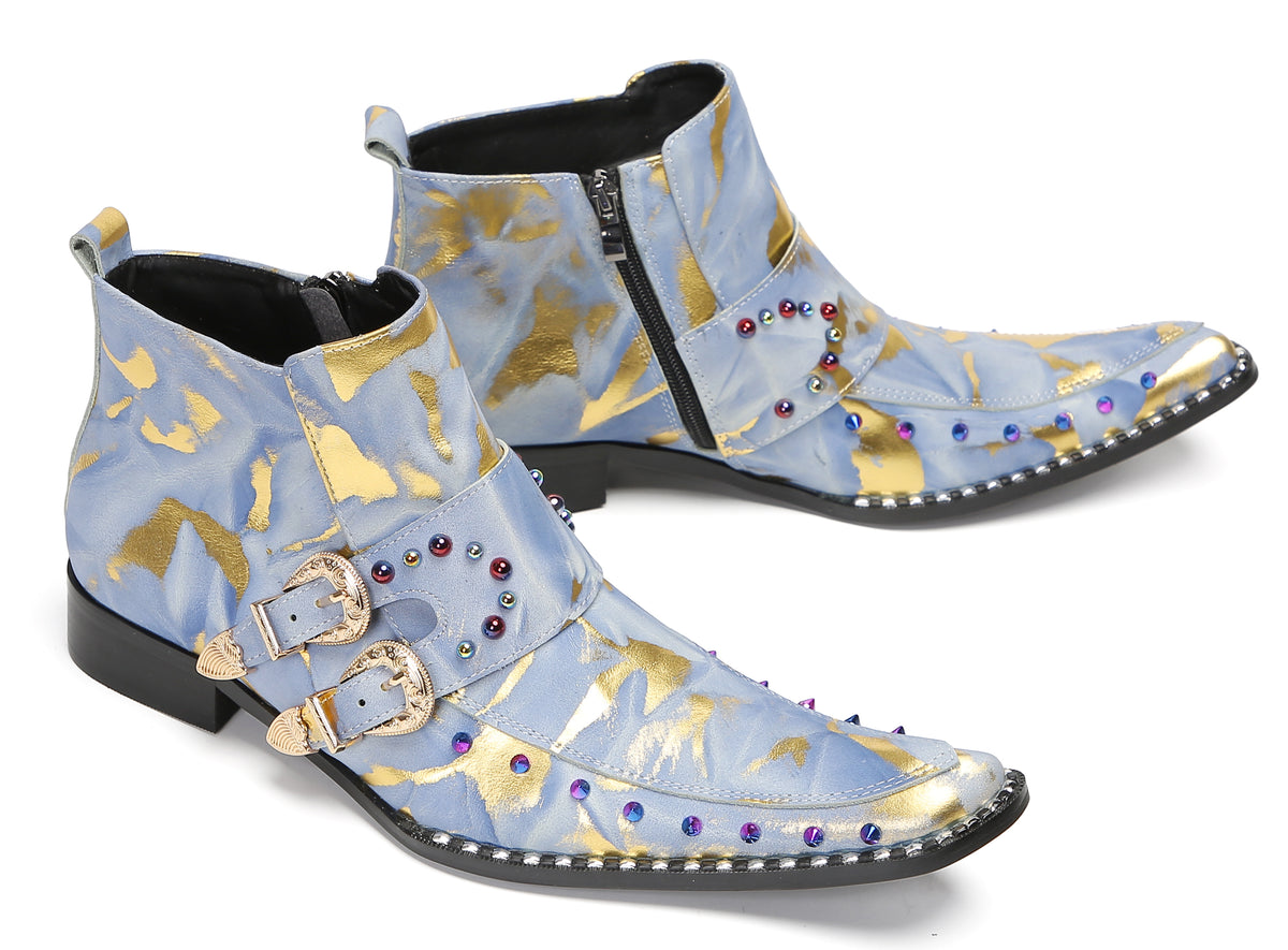 Mens Double Buckle Fashion Casual Coloful Beads Ankle Boots