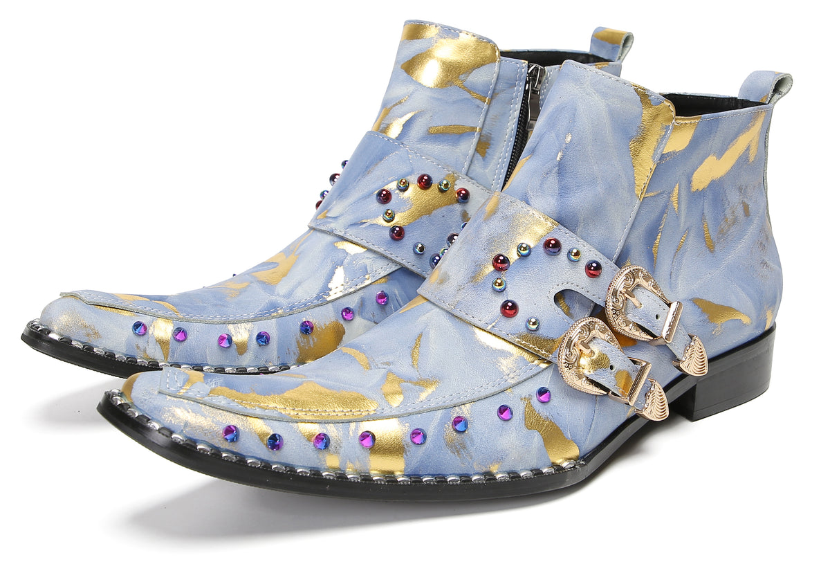 Mens Double Buckle Fashion Casual Coloful Beads Ankle Boots