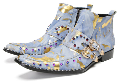 Mens Double Buckle Fashion Casual Coloful Beads Ankle Boots