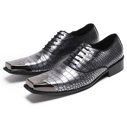 Mens Handmade Crocodile Embossed Square Metal Toe Top-Grain Leather Oxfords
