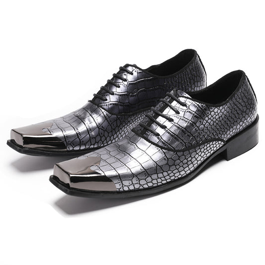 Mens Handmade Crocodile Embossed Square Metal Toe Top-Grain Leather Oxfords