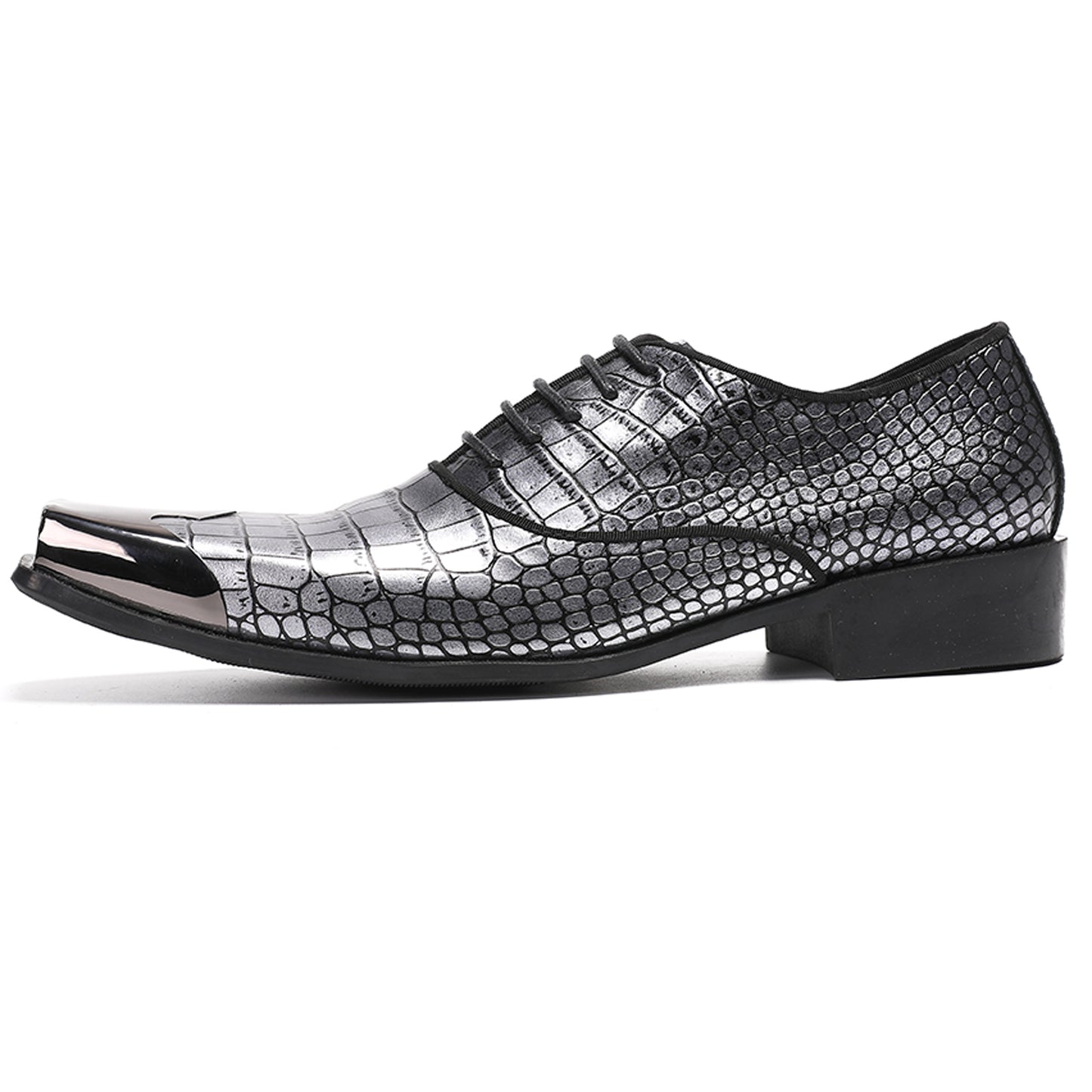 Mens Handmade Crocodile Embossed Square Metal Toe Top-Grain Leather Oxfords