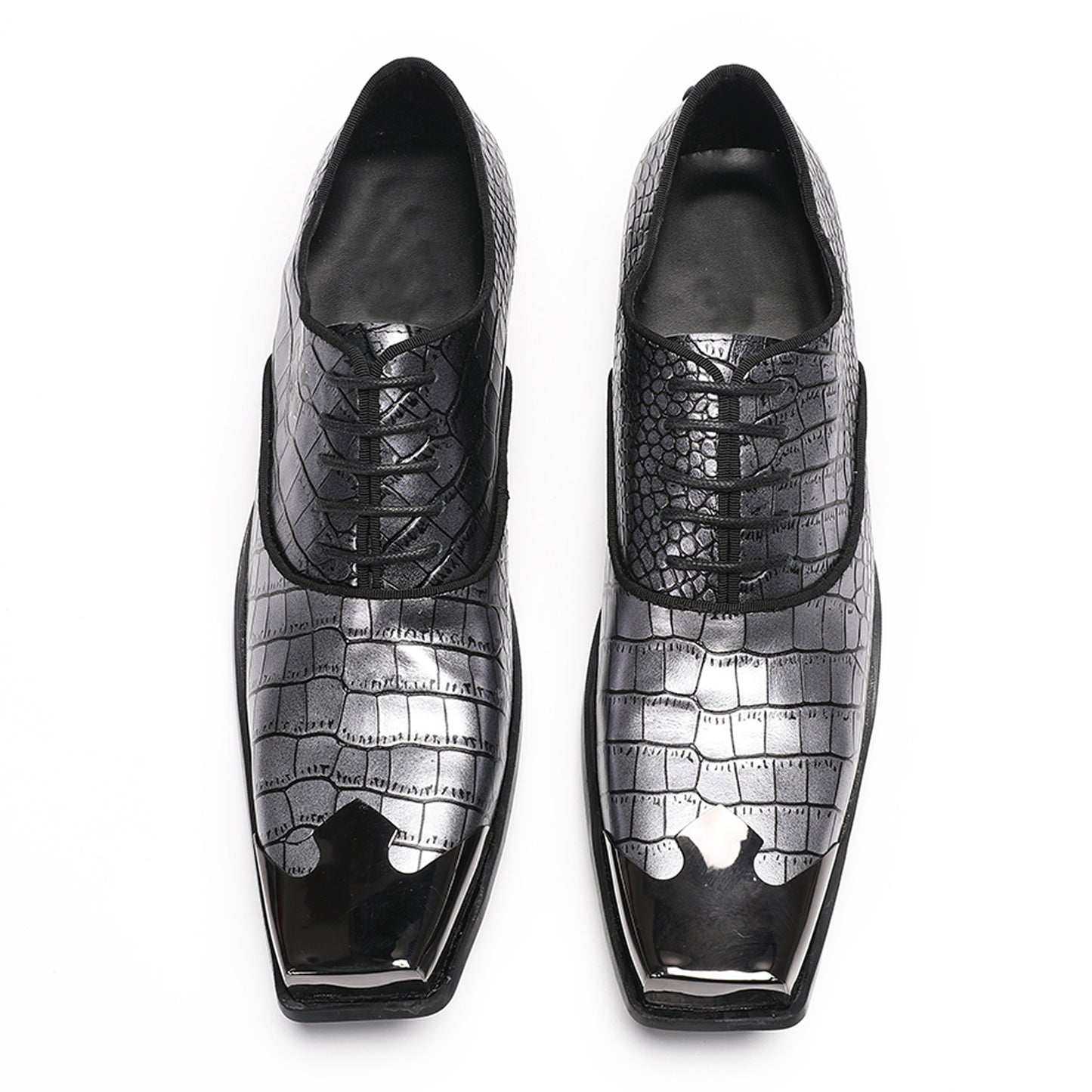 Mens Handmade Crocodile Embossed Square Metal Toe Top-Grain Leather Oxfords