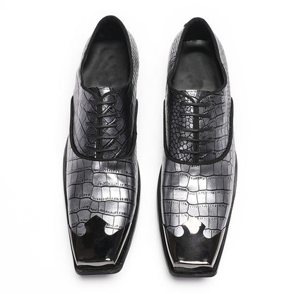 Mens Handmade Crocodile Embossed Square Metal Toe Top-Grain Leather Oxfords
