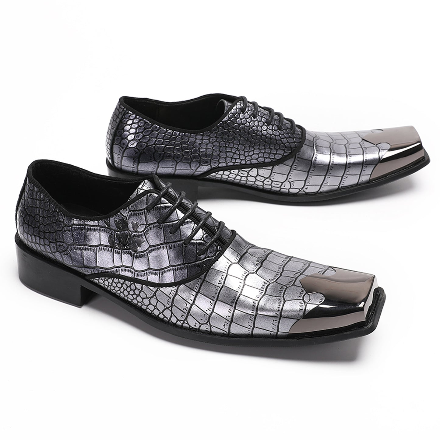 Mens Handmade Crocodile Embossed Square Metal Toe Top-Grain Leather Oxfords