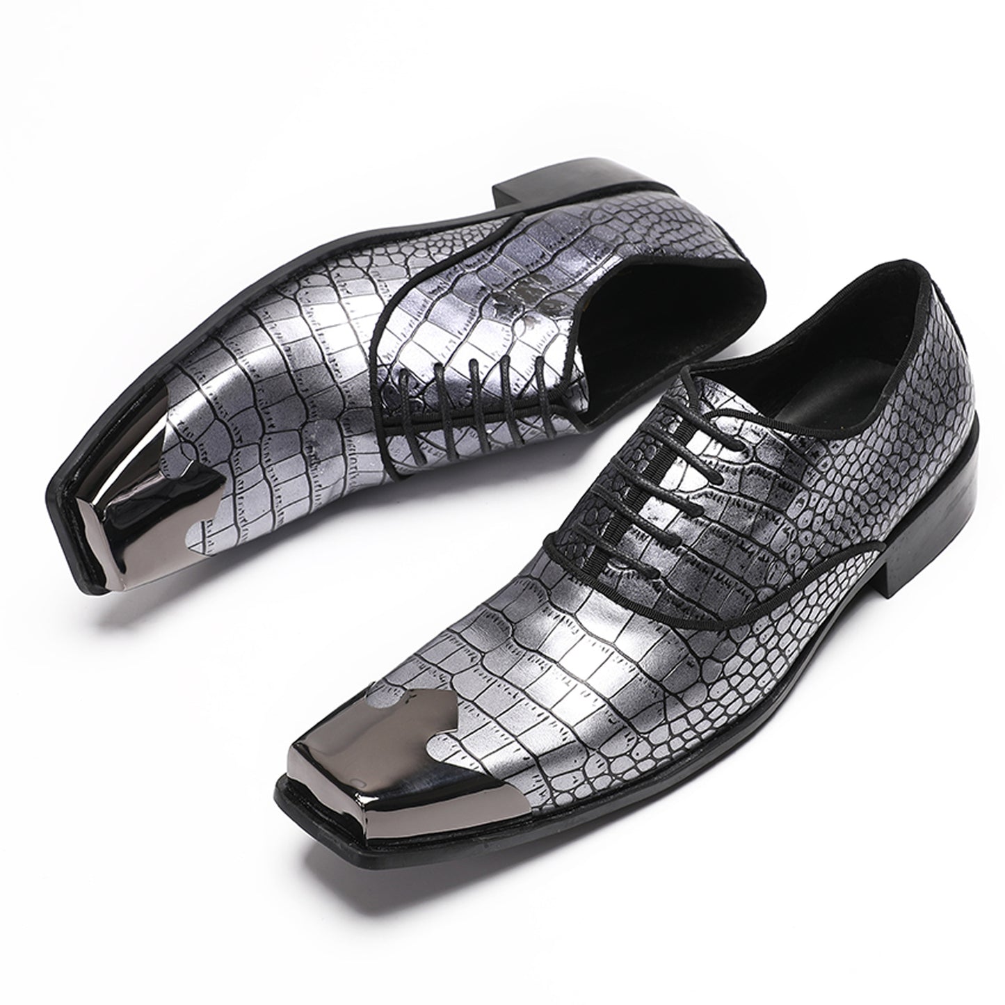 Mens Handmade Crocodile Embossed Square Metal Toe Top-Grain Leather Oxfords