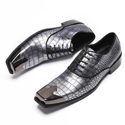 Mens Handmade Crocodile Embossed Square Metal Toe Top-Grain Leather Oxfords