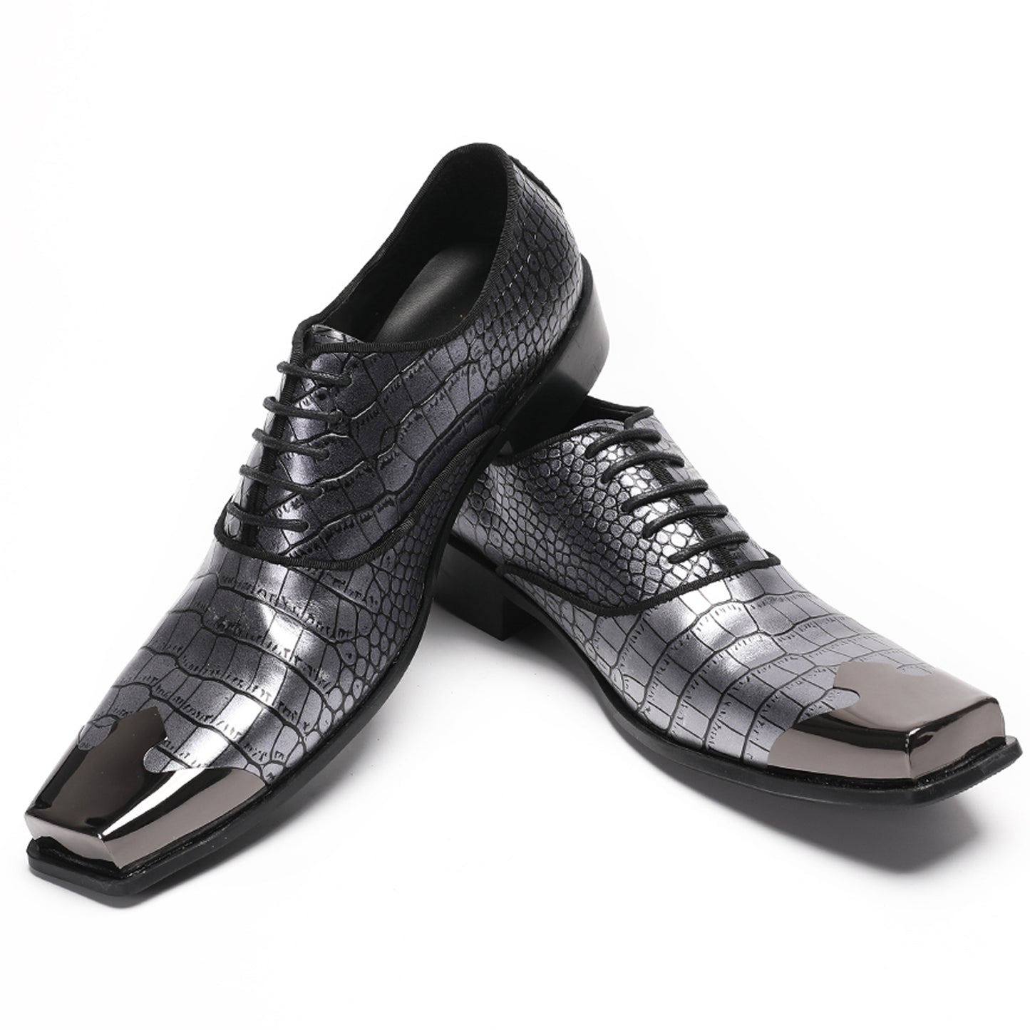 Mens Handmade Crocodile Embossed Square Metal Toe Top-Grain Leather Oxfords