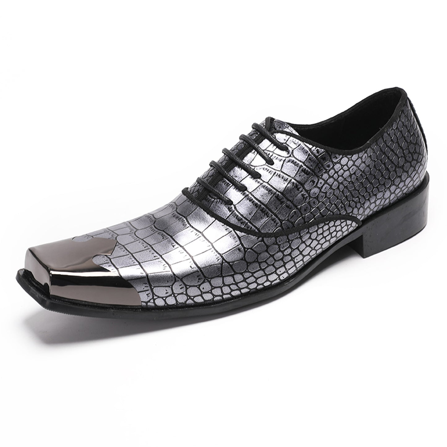 Mens Handmade Crocodile Embossed Square Metal Toe Top-Grain Leather Oxfords