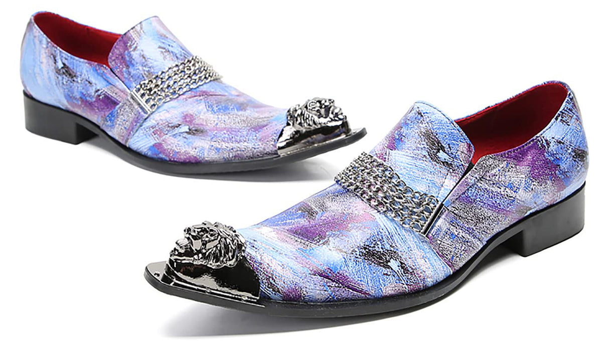 Mens Genunie Leather Slip On Metal Tip Toe Chain Western Loafers