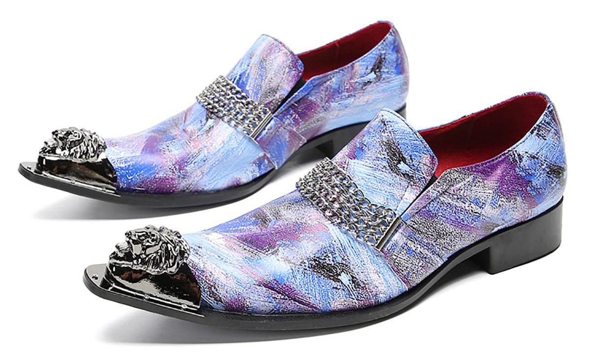 Mens Genunie Leather Slip On Metal Tip Toe Chain Western Loafers