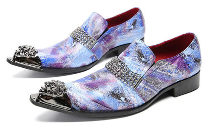 Mens Genunie Leather Slip On Metal Tip Toe Chain Western Loafers