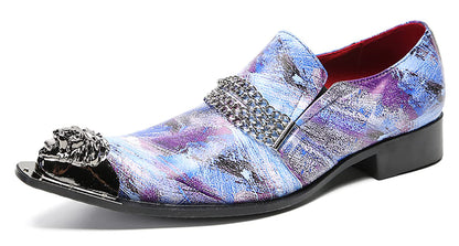 Mens Genunie Leather Slip On Metal Tip Toe Chain Western Loafers