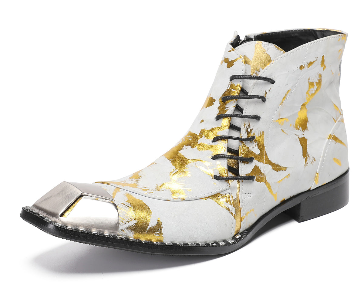Mens Metal-Square Toe Zip Graffiti Beveled Laces Western Boots