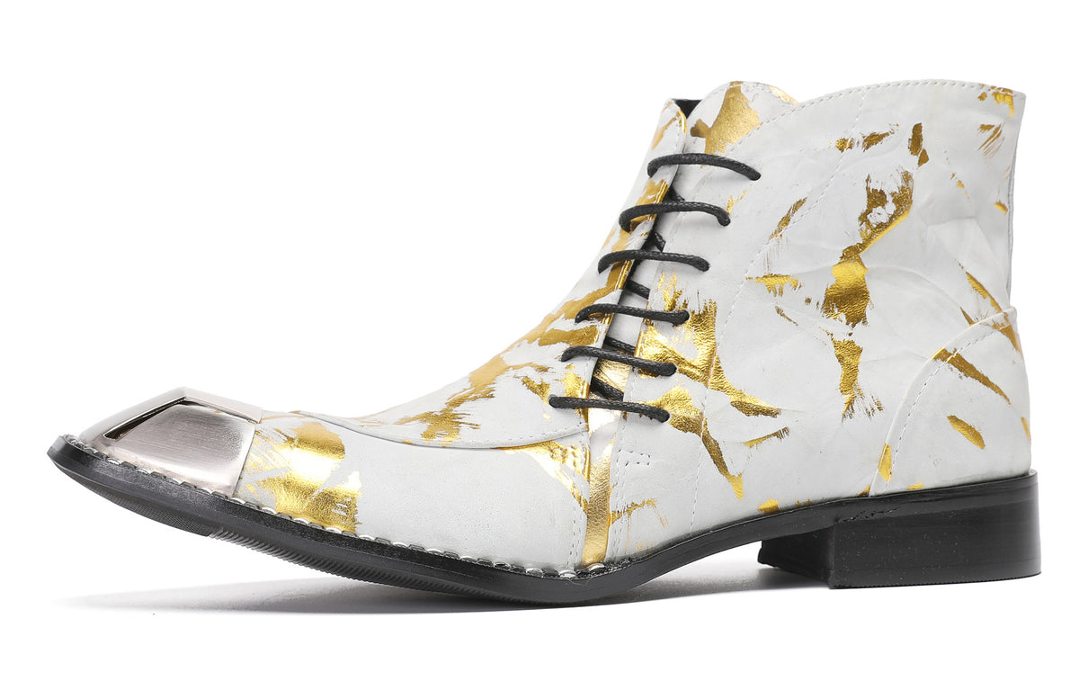 Mens Metal-Square Toe Zip Graffiti Beveled Laces Western Boots