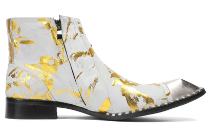 Mens Metal-Square Toe Zip Graffiti Beveled Laces Western Boots
