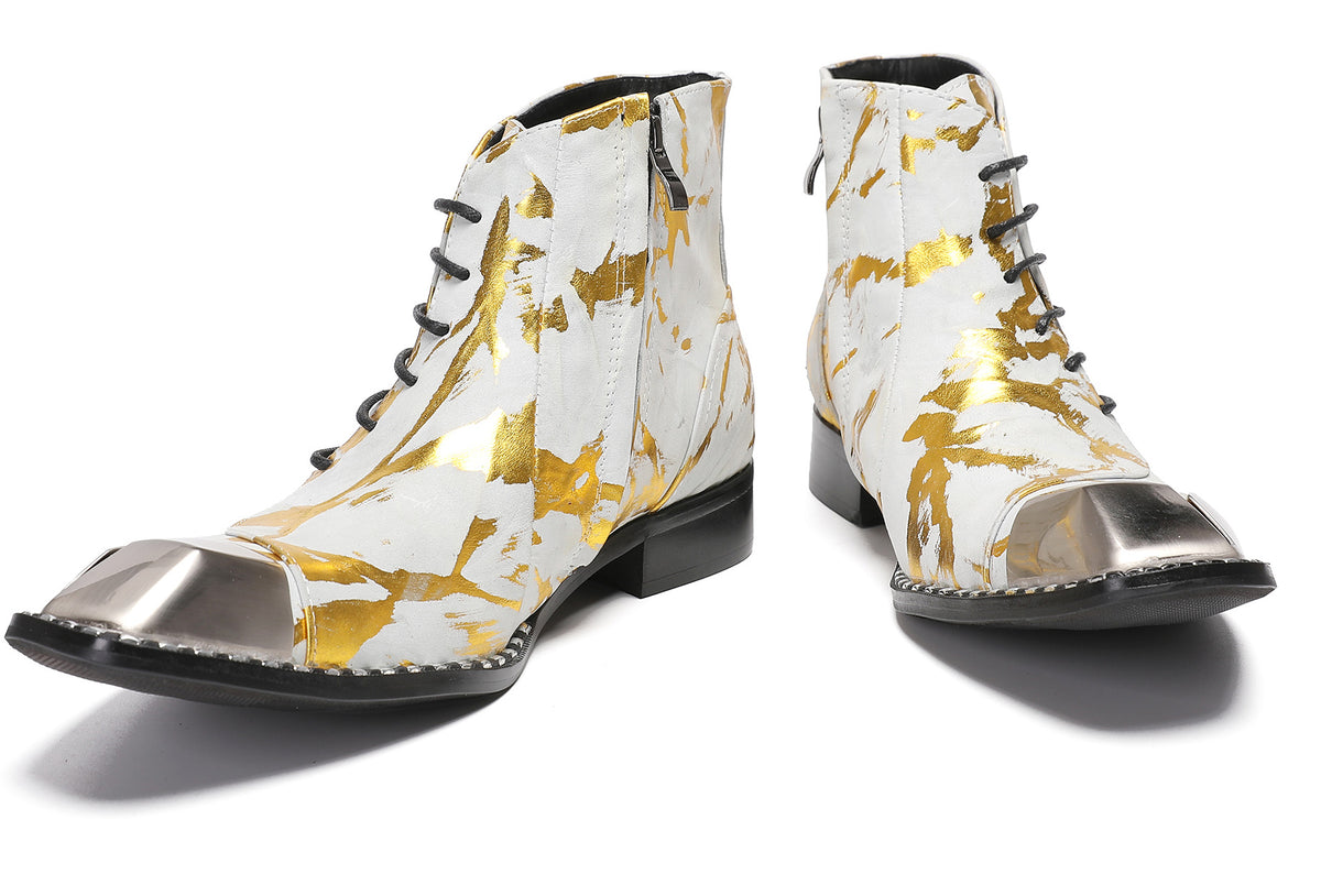 Mens Metal-Square Toe Zip Graffiti Beveled Laces Western Boots