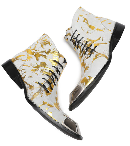 Mens Metal-Square Toe Zip Graffiti Beveled Laces Western Boots