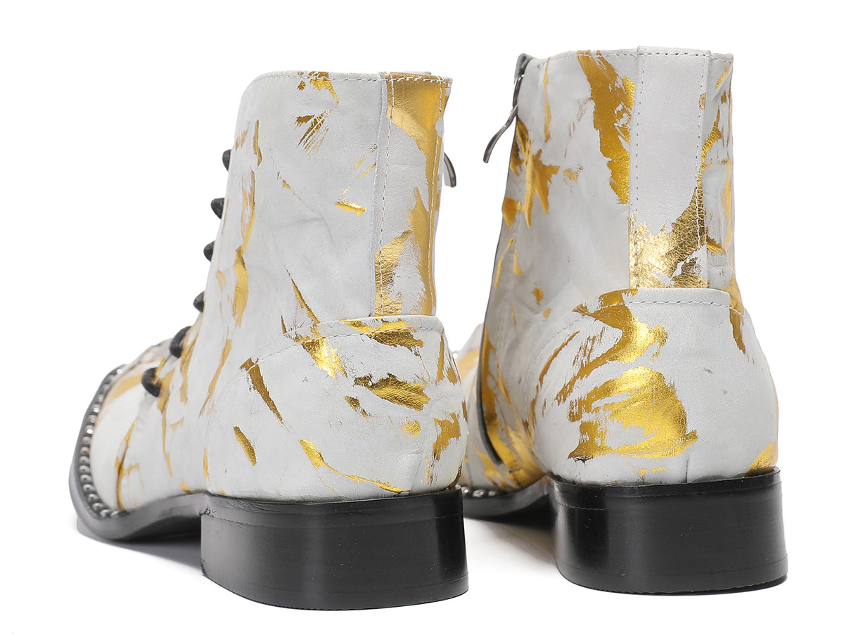 Mens Metal-Square Toe Zip Graffiti Beveled Laces Western Boots