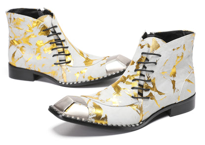 Mens Metal-Square Toe Zip Graffiti Beveled Laces Western Boots
