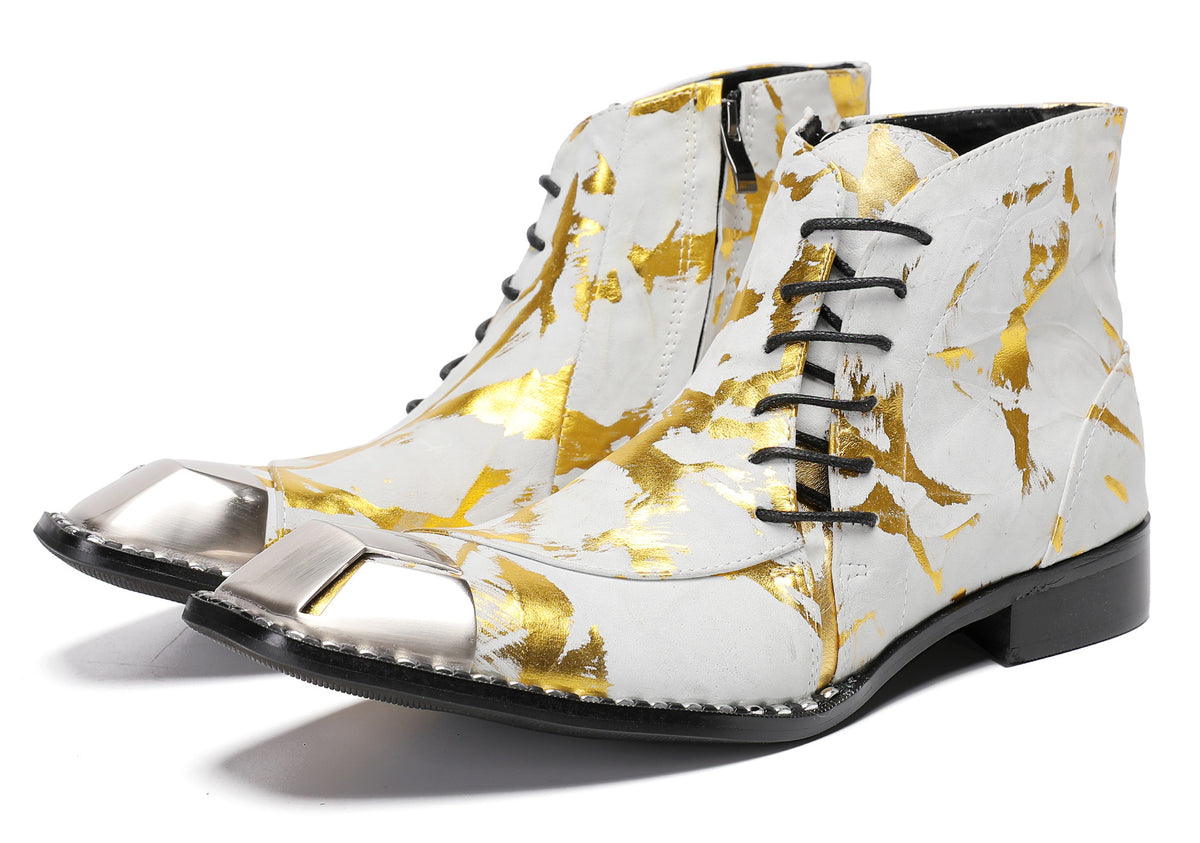 Mens Metal-Square Toe Zip Graffiti Beveled Laces Western Boots