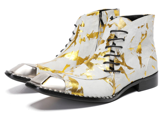 Mens Metal-Square Toe Zip Graffiti Beveled Laces Western Boots