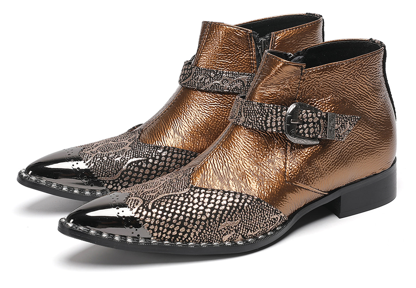 Mens Metallic Detail Buckle Strap Snake Print Ankle Western Boots