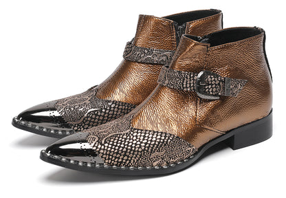 Mens Metallic Detail Buckle Strap Snake Print Ankle Western Boots