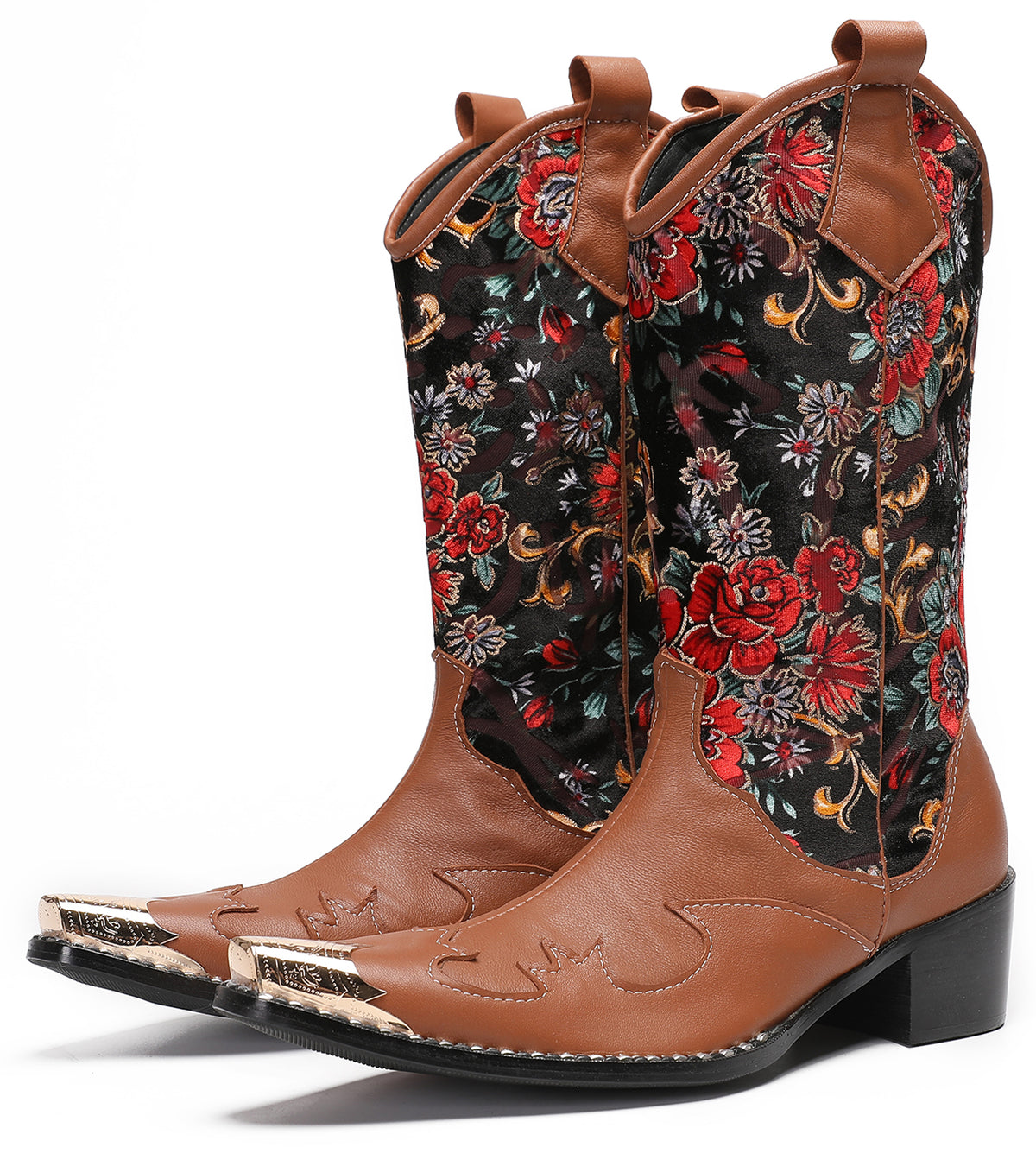 Mens Genuine Leather Metal Wingtip Toe Embroidered Flower Pull On Cowboy Boots