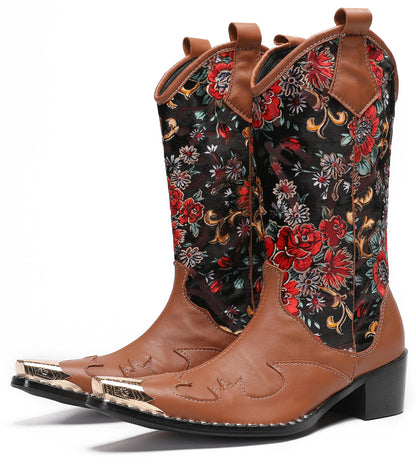 Mens Genuine Leather Metal Wingtip Toe Embroidered Flower Pull On Cowboy Boots