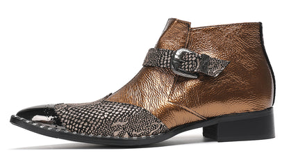Mens Metallic Detail Buckle Strap Snake Print Ankle Western Boots