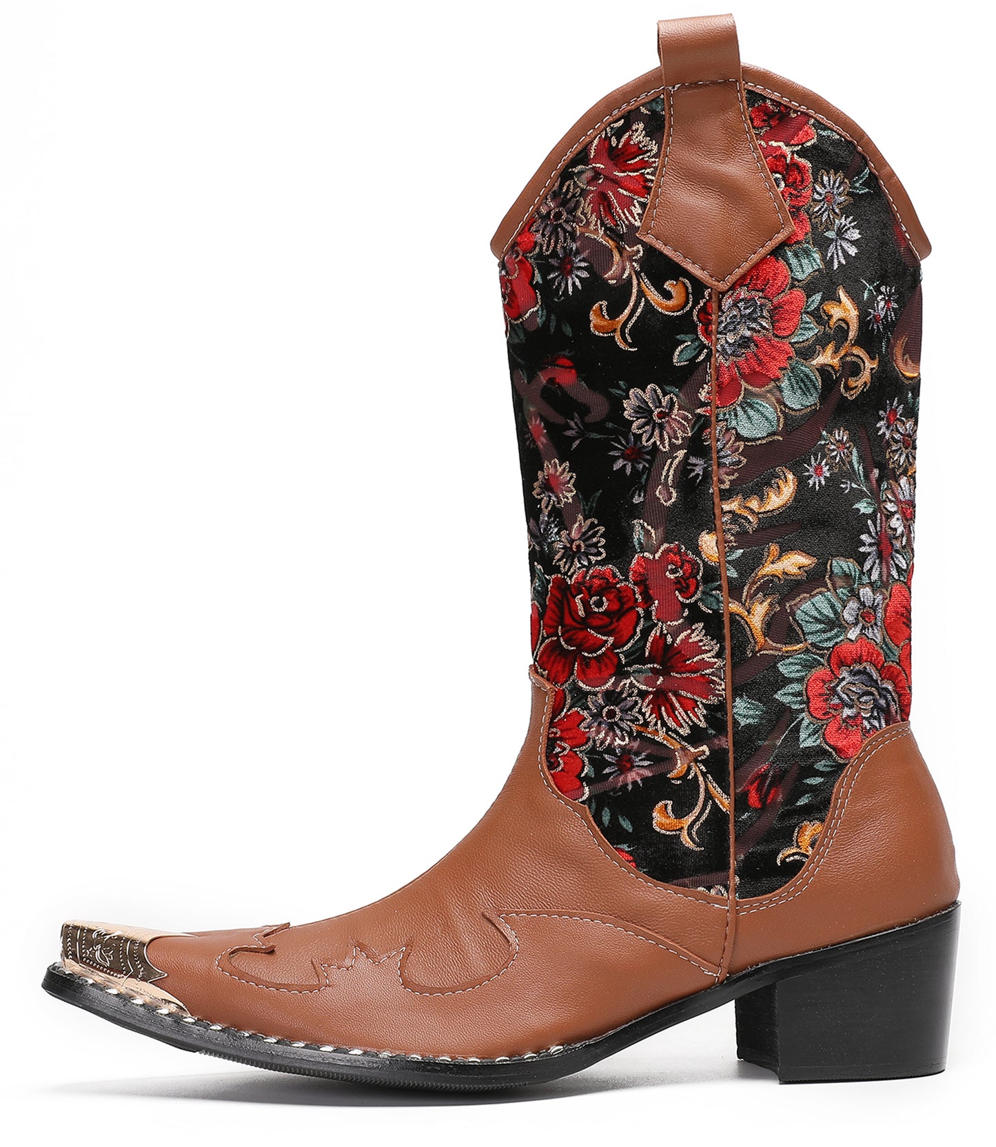 Mens Genuine Leather Metal Wingtip Toe Embroidered Flower Pull On Cowboy Boots