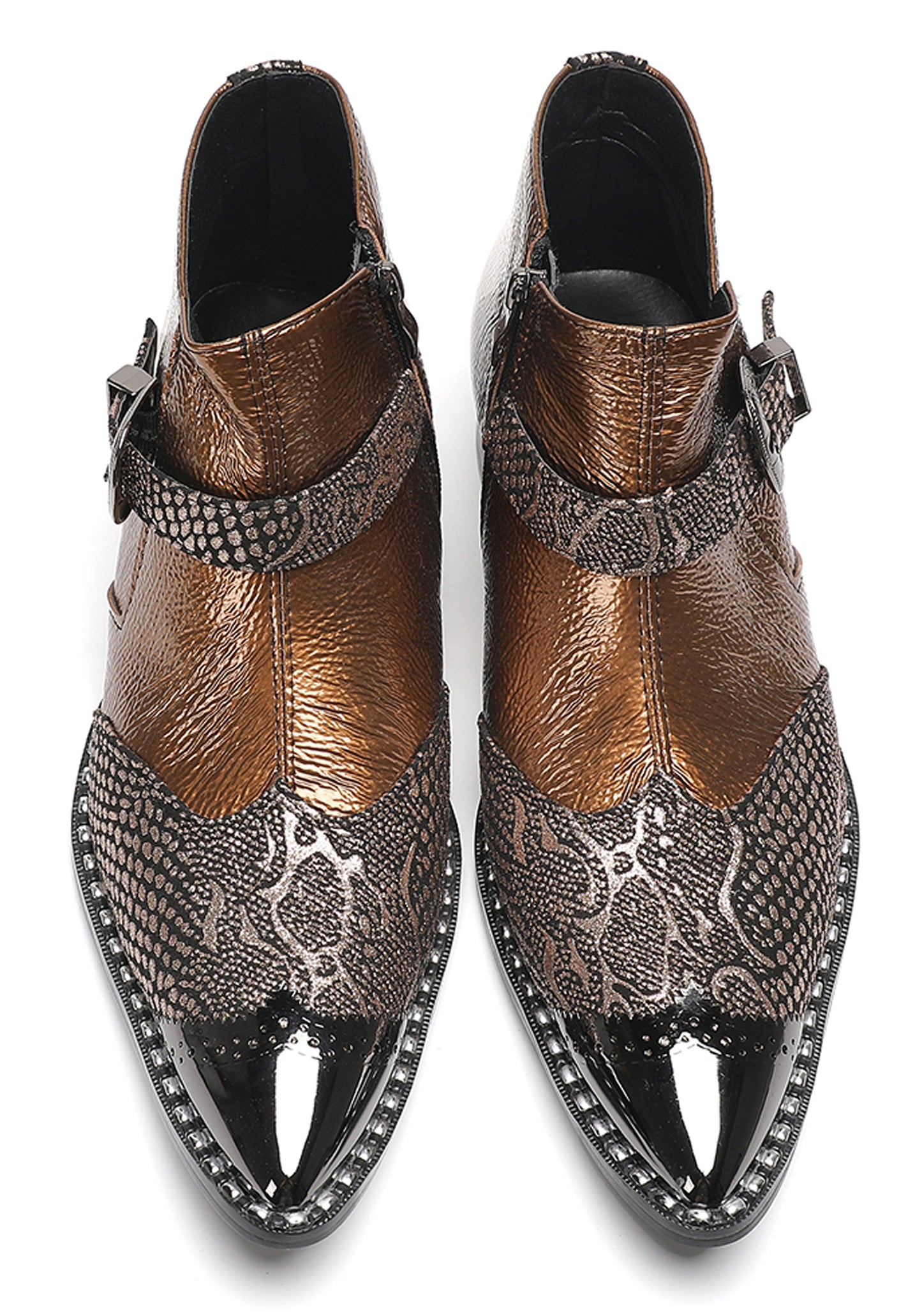 Mens Metallic Detail Buckle Strap Snake Print Ankle Western Boots
