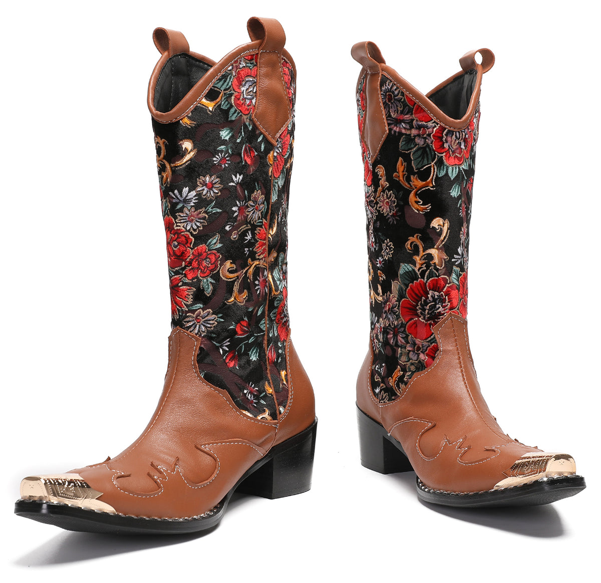 Mens Genuine Leather Metal Wingtip Toe Embroidered Flower Pull On Cowboy Boots