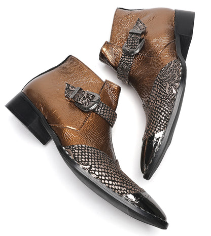 Mens Metallic Detail Buckle Strap Snake Print Ankle Western Boots