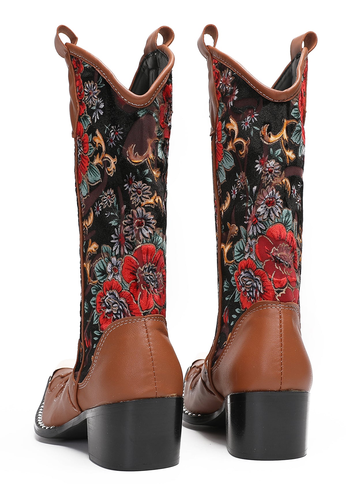 Mens Genuine Leather Metal Wingtip Toe Embroidered Flower Pull On Cowboy Boots