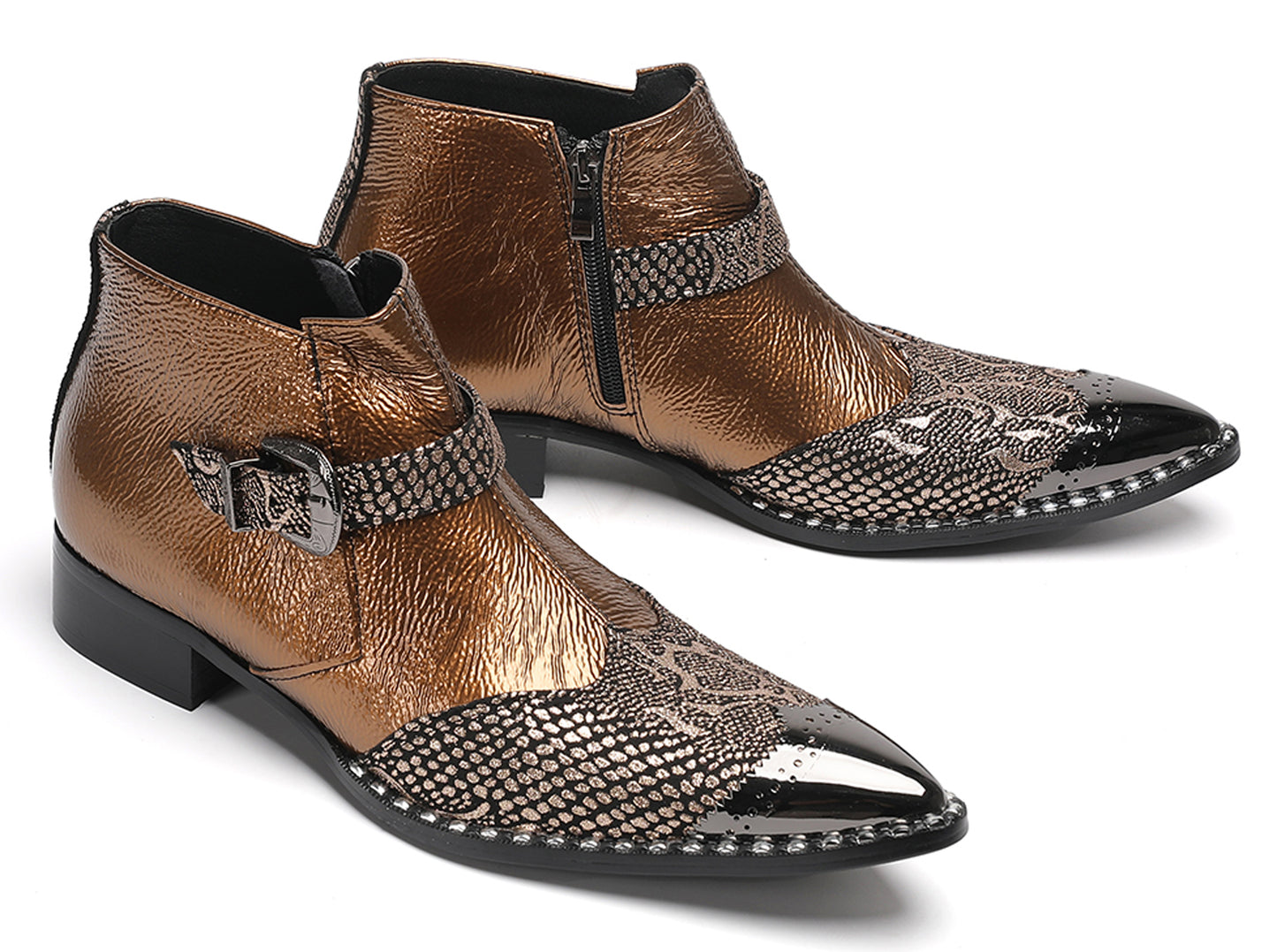 Mens Metallic Detail Buckle Strap Snake Print Ankle Western Boots