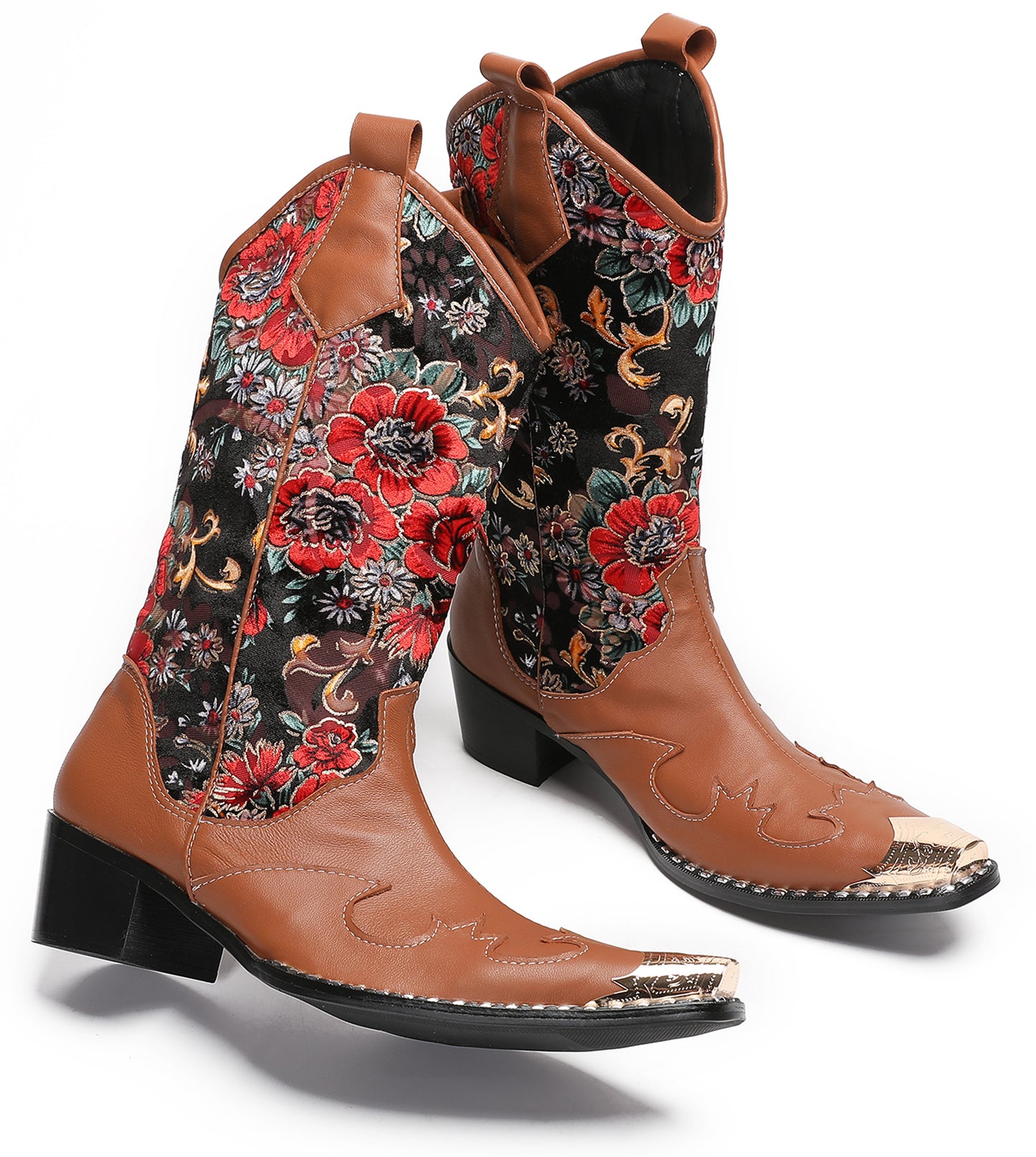 Mens Genuine Leather Metal Wingtip Toe Embroidered Flower Pull On Cowboy Boots