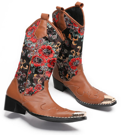 Mens Genuine Leather Metal Wingtip Toe Embroidered Flower Pull On Cowboy Boots