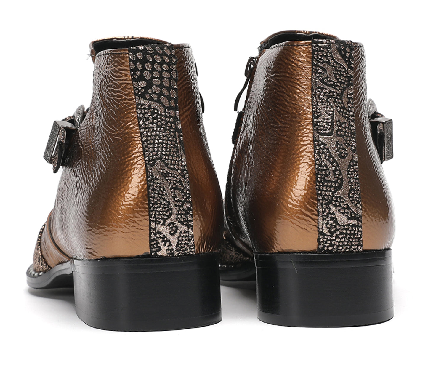 Mens Metallic Detail Buckle Strap Snake Print Ankle Western Boots