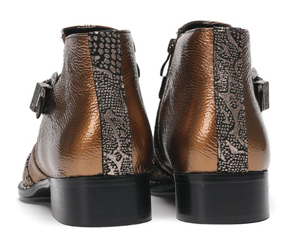 Mens Metallic Detail Buckle Strap Snake Print Ankle Western Boots
