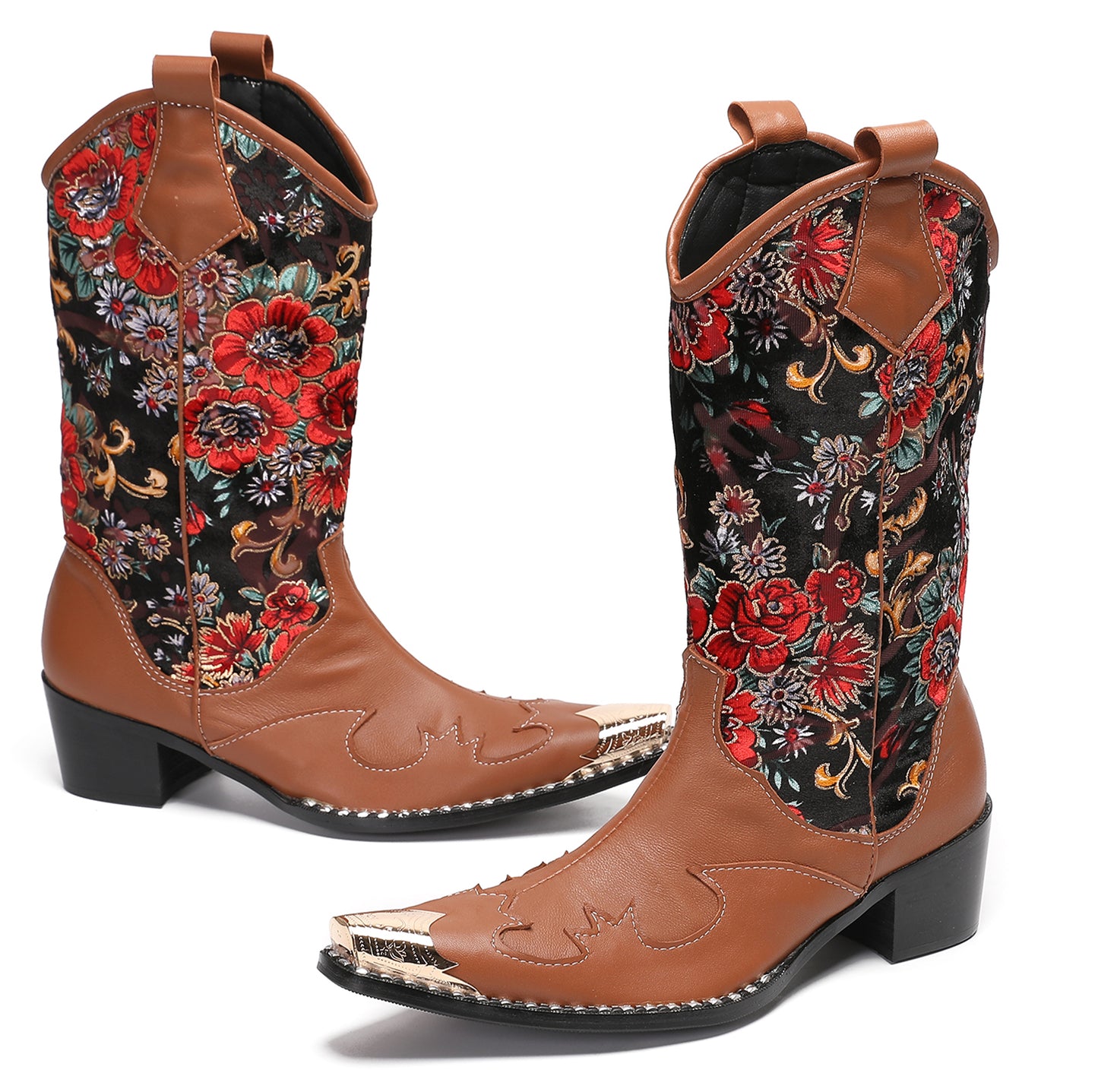 Mens Genuine Leather Metal Wingtip Toe Embroidered Flower Pull On Cowboy Boots