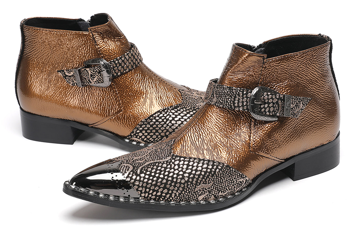 Mens Metallic Detail Buckle Strap Snake Print Ankle Western Boots