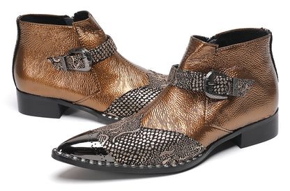Mens Metallic Detail Buckle Strap Snake Print Ankle Western Boots